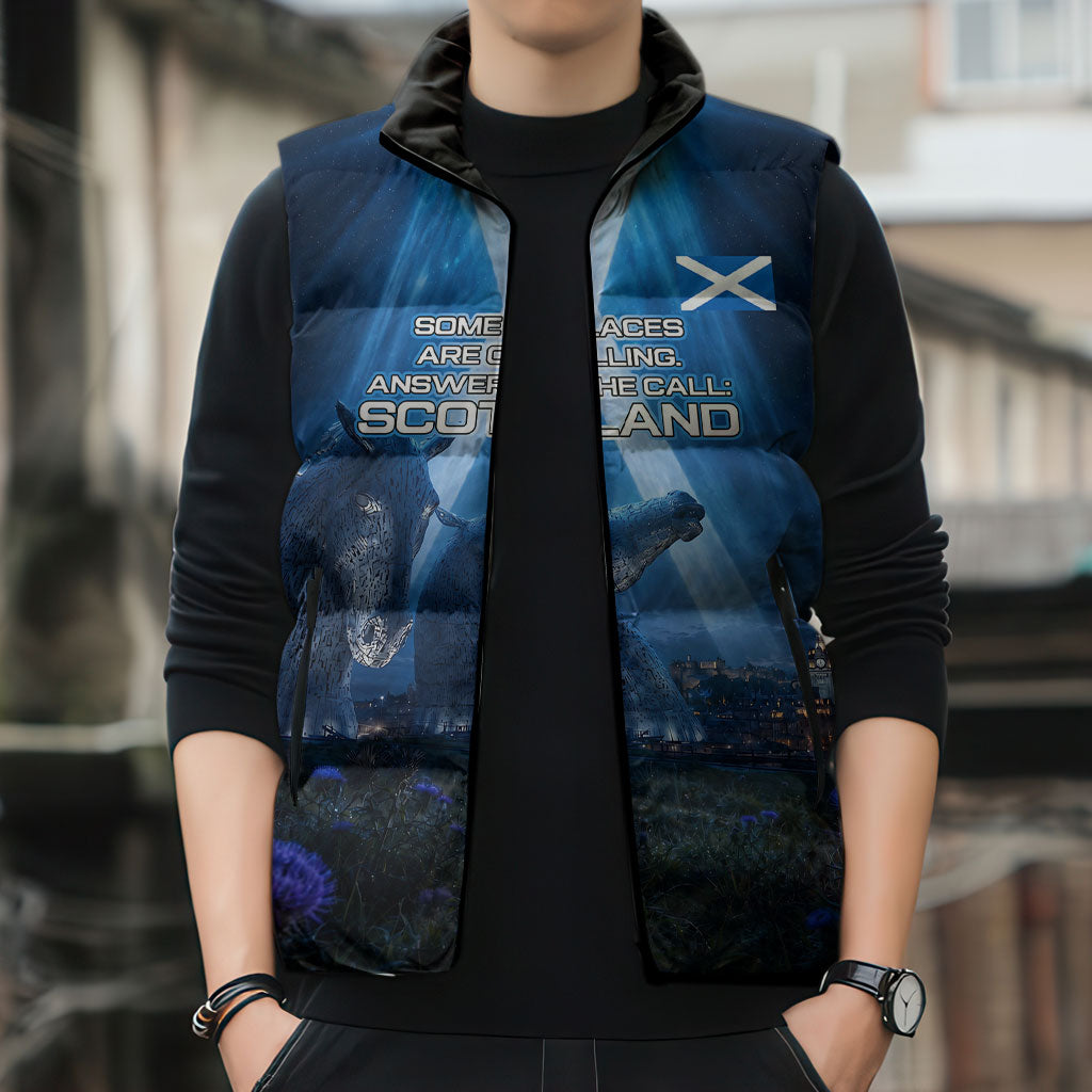 Scotland Kelpies And Unicorn UFO Sleeveless Puffer Jacket Sci-Fi Alien Abduction And Magic Legends