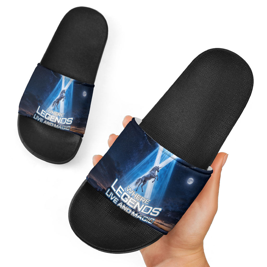 Scotland Kelpies And Unicorn UFO Slide Sandals Sci-Fi Alien Abduction And Magic Legends