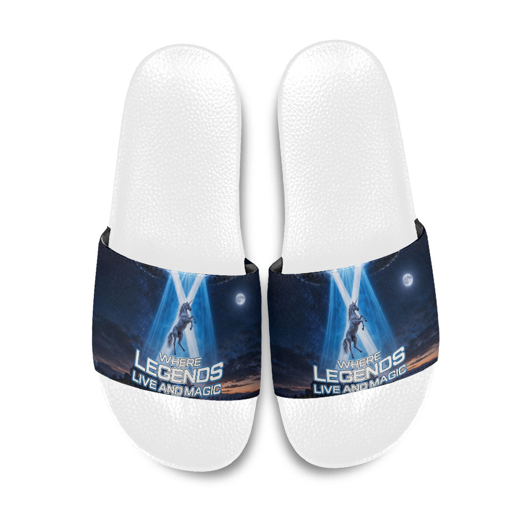 Scotland Kelpies And Unicorn UFO Slide Sandals Sci-Fi Alien Abduction And Magic Legends