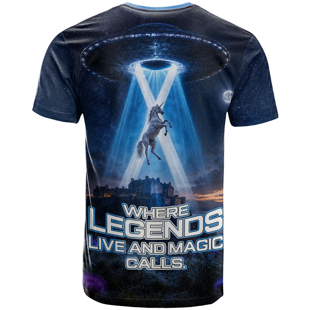 Scotland Kelpies And Unicorn UFO T Shirt Sci-Fi Alien Abduction And Magic Legends