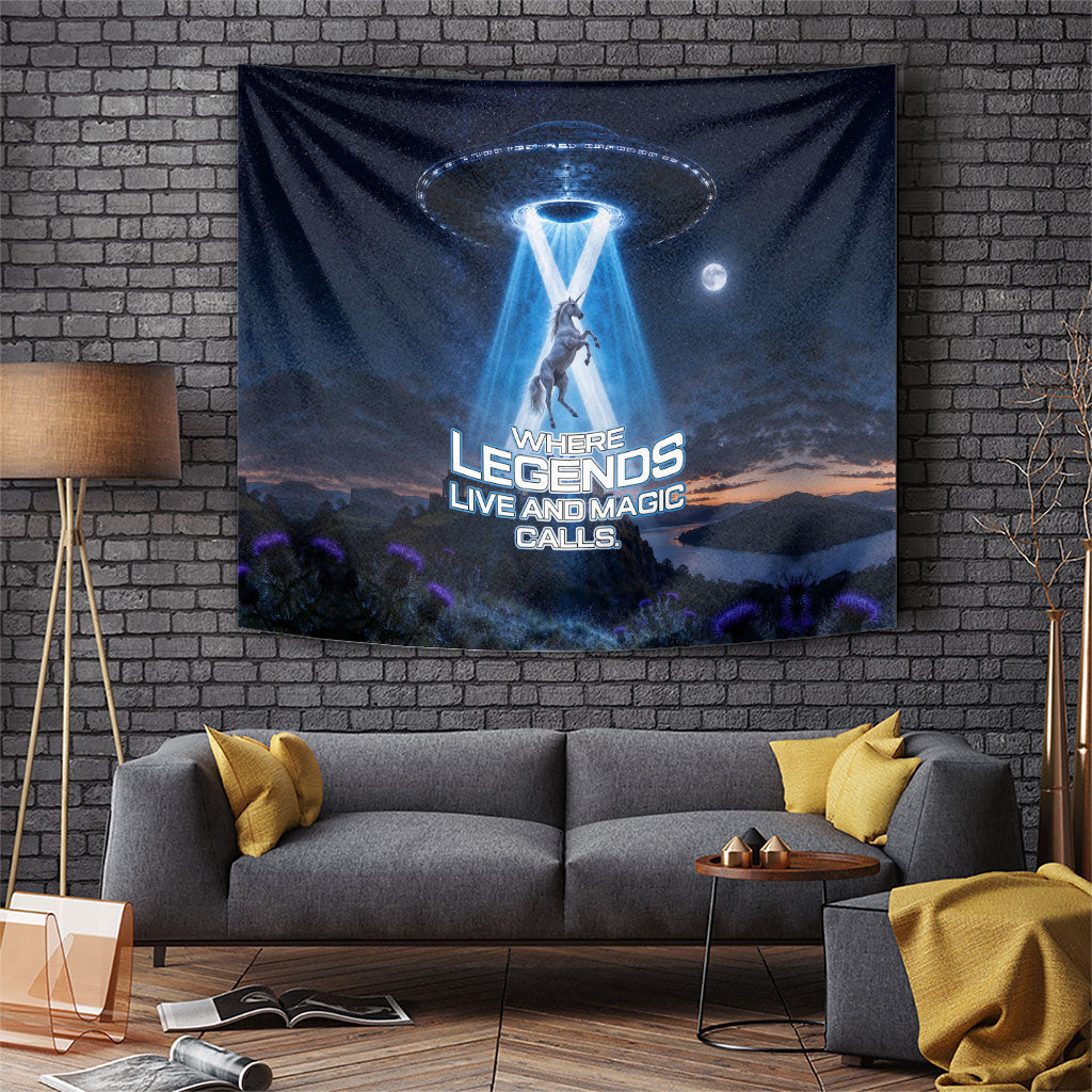 Scotland Kelpies And Unicorn UFO Tapestry Sci-Fi Alien Abduction And Magic Legends