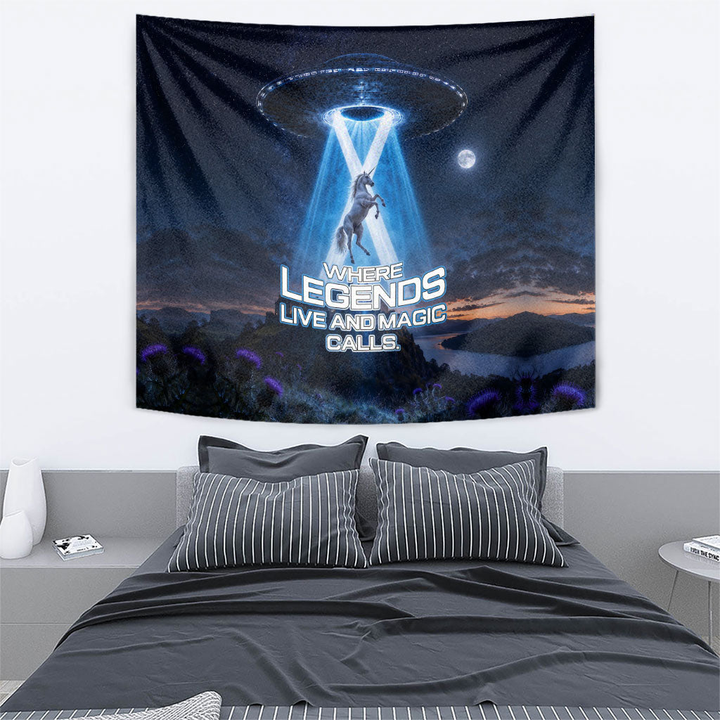 Scotland Kelpies And Unicorn UFO Tapestry Sci-Fi Alien Abduction And Magic Legends