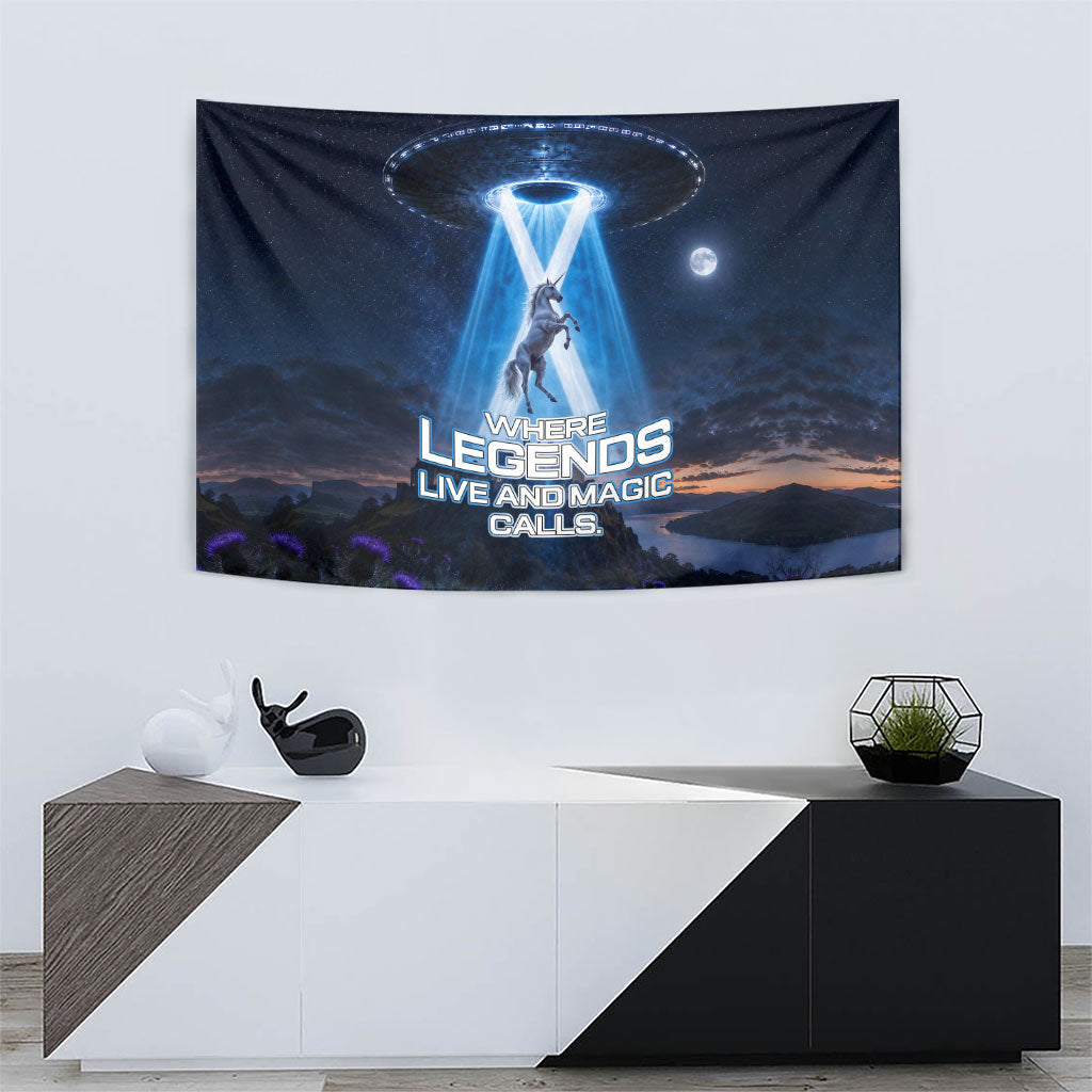 Scotland Kelpies And Unicorn UFO Tapestry Sci-Fi Alien Abduction And Magic Legends