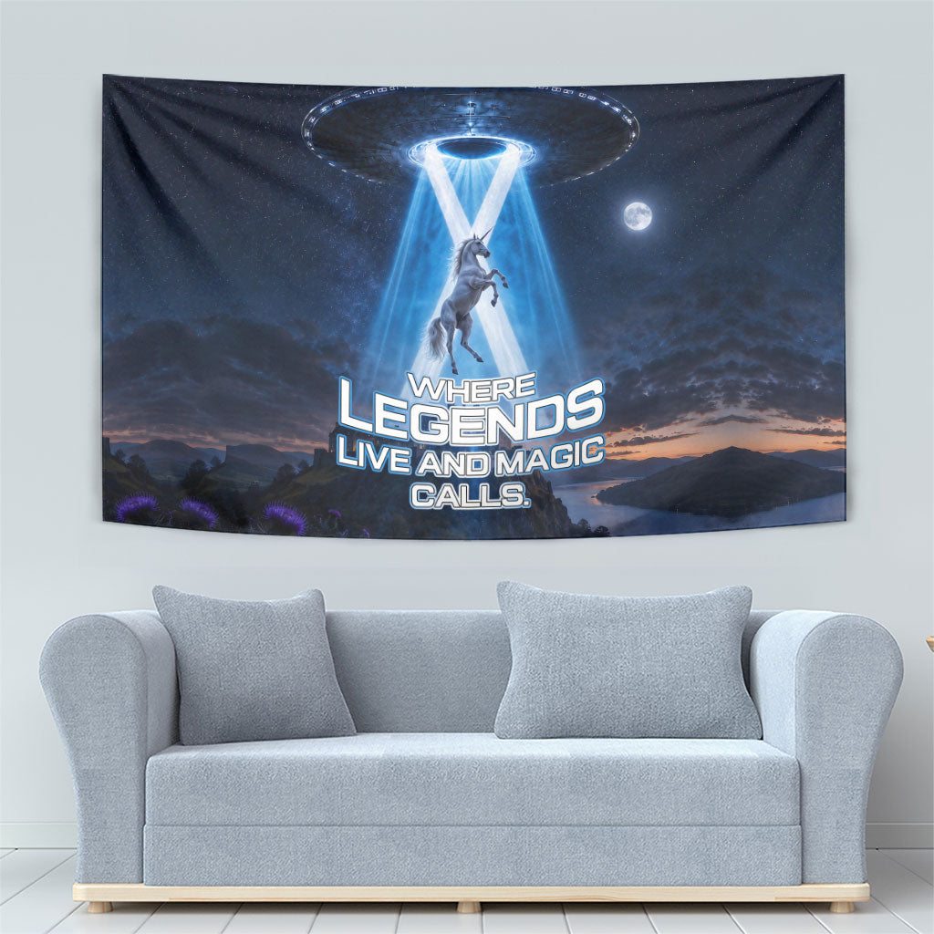 Scotland Kelpies And Unicorn UFO Tapestry Sci-Fi Alien Abduction And Magic Legends