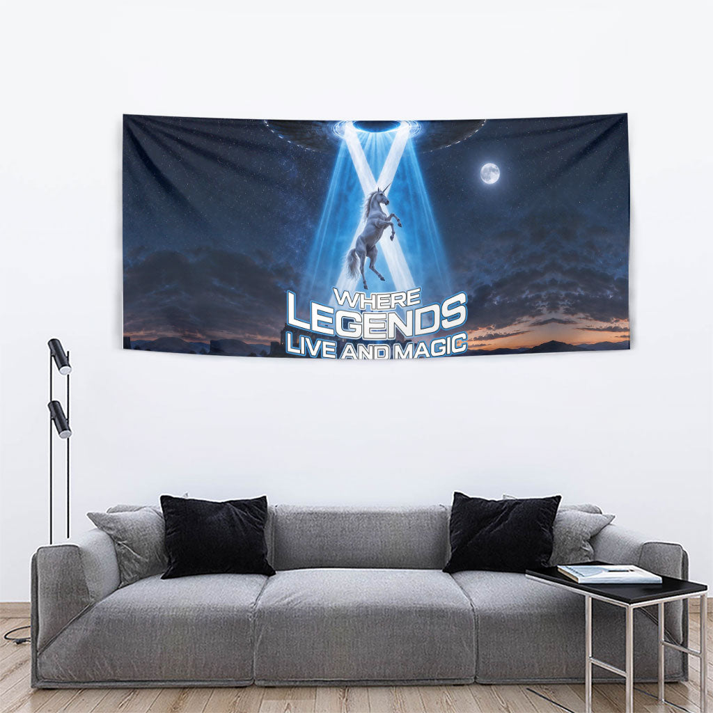 Scotland Kelpies And Unicorn UFO Tapestry Sci-Fi Alien Abduction And Magic Legends