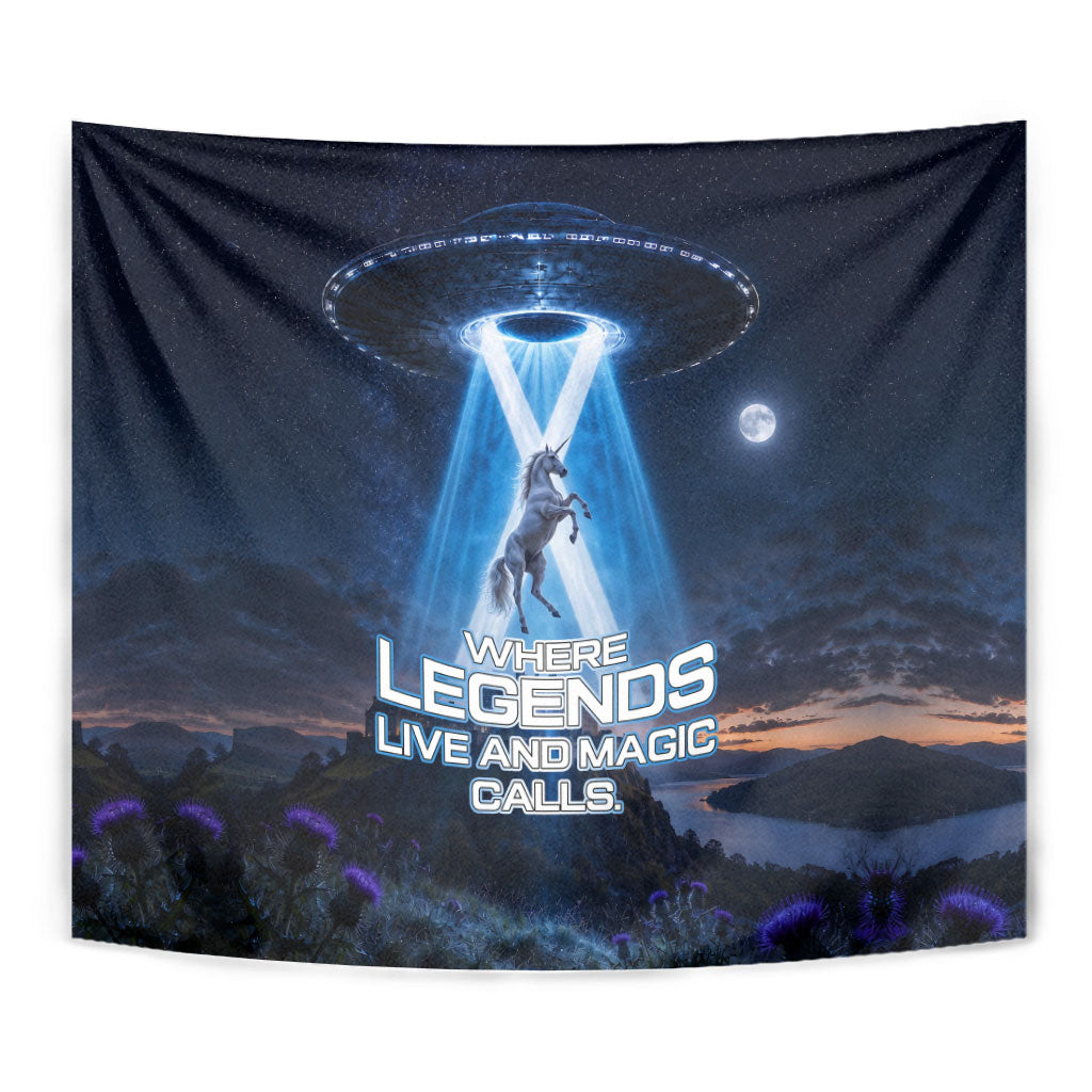 Scotland Kelpies And Unicorn UFO Tapestry Sci-Fi Alien Abduction And Magic Legends