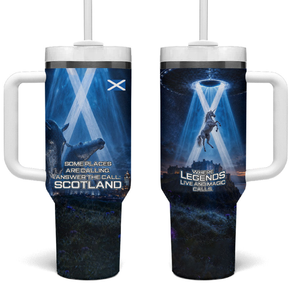 Scotland Kelpies And Unicorn UFO Tumbler With Handle Sci-Fi Alien Abduction And Magic Legends
