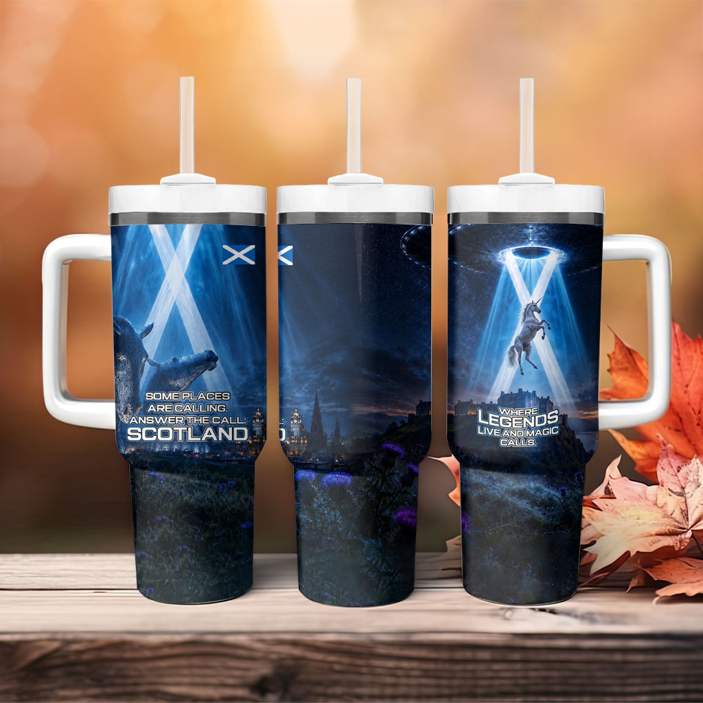 Scotland Kelpies And Unicorn UFO Tumbler With Handle Sci-Fi Alien Abduction And Magic Legends