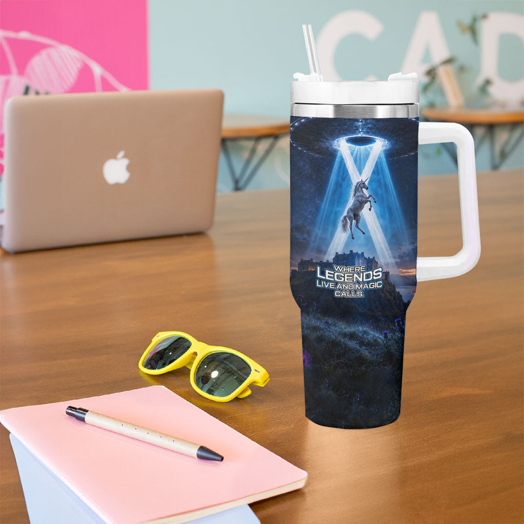 Scotland Kelpies And Unicorn UFO Tumbler With Handle Sci-Fi Alien Abduction And Magic Legends