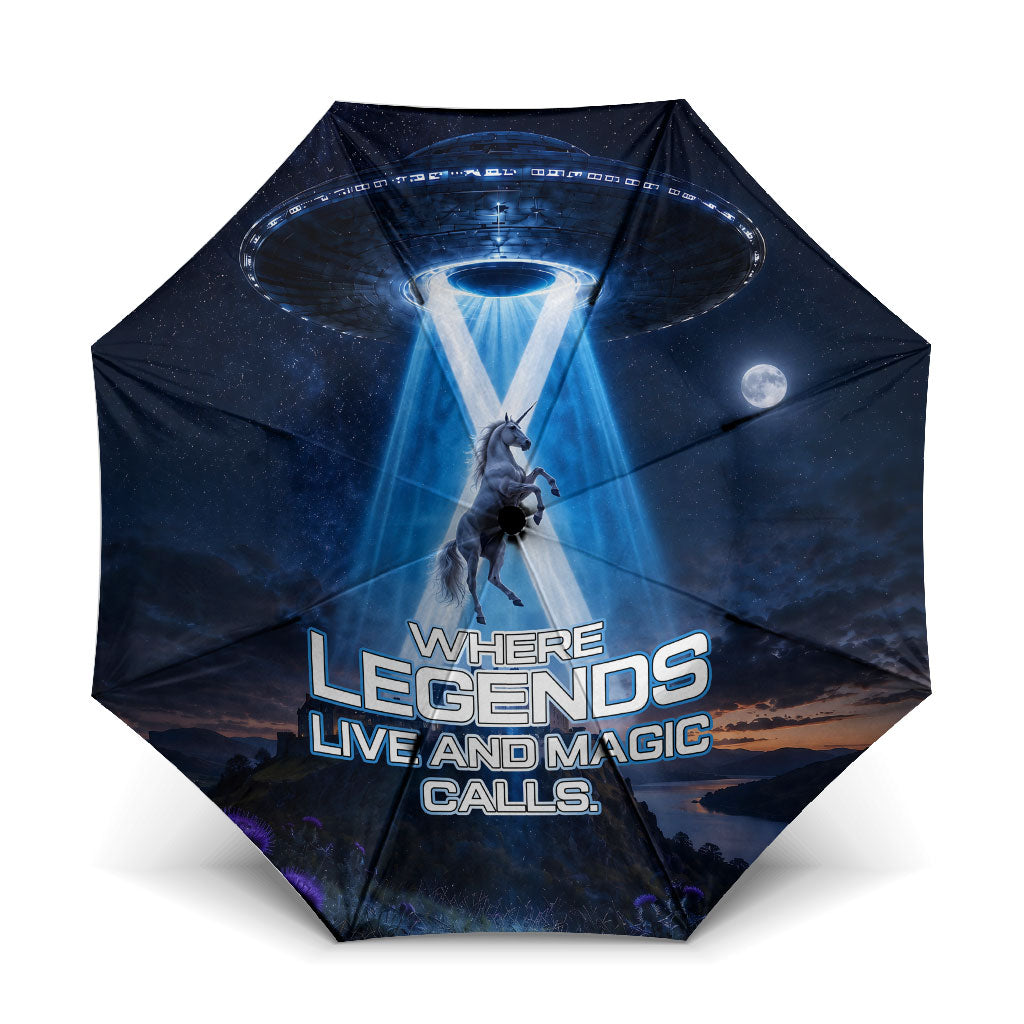 Scotland Kelpies And Unicorn UFO Umbrella Sci-Fi Alien Abduction And Magic Legends