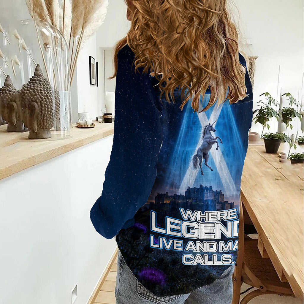 Scotland Kelpies And Unicorn UFO Women Casual Shirt Sci-Fi Alien Abduction And Magic Legends