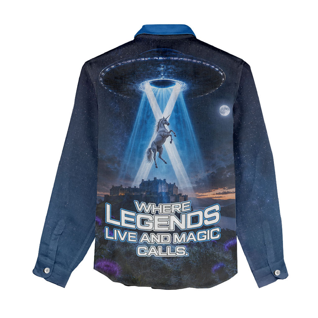 Scotland Kelpies And Unicorn UFO Women Casual Shirt Sci-Fi Alien Abduction And Magic Legends