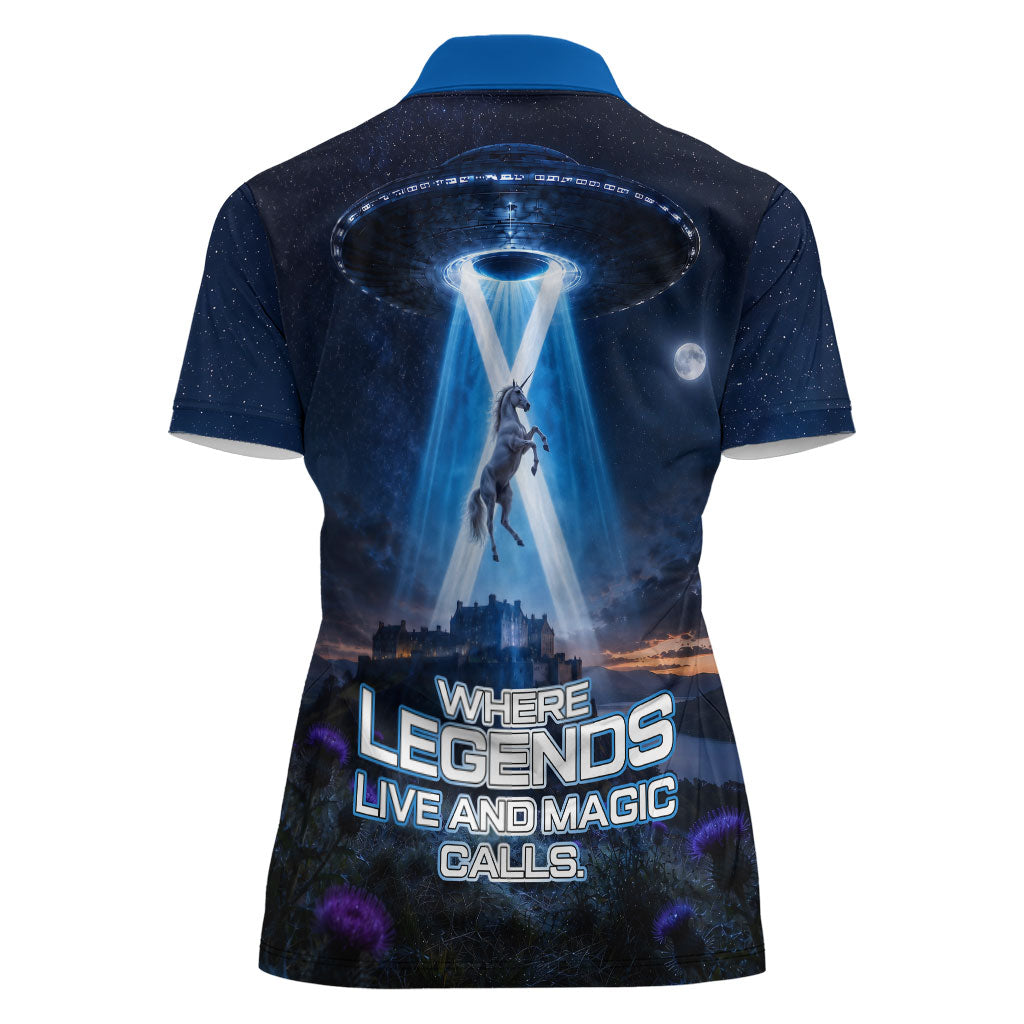 Scotland Kelpies And Unicorn UFO Women Polo Shirt Sci-Fi Alien Abduction And Magic Legends
