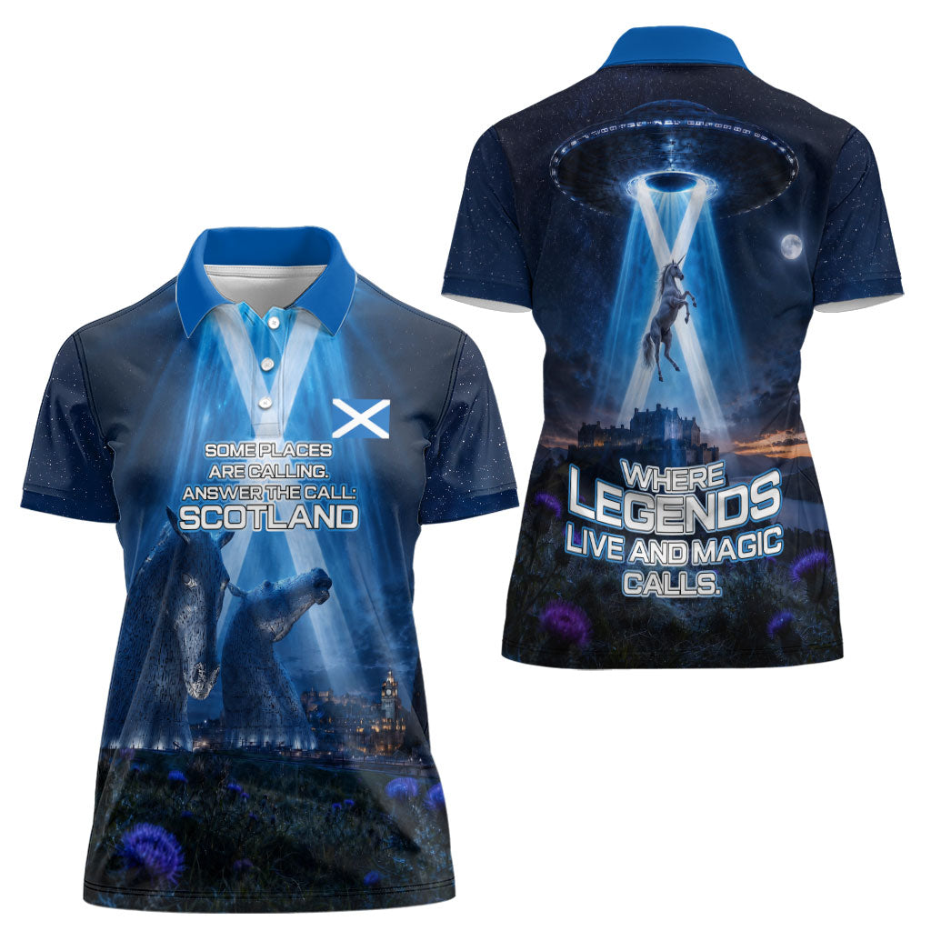 Scotland Kelpies And Unicorn UFO Women Polo Shirt Sci-Fi Alien Abduction And Magic Legends