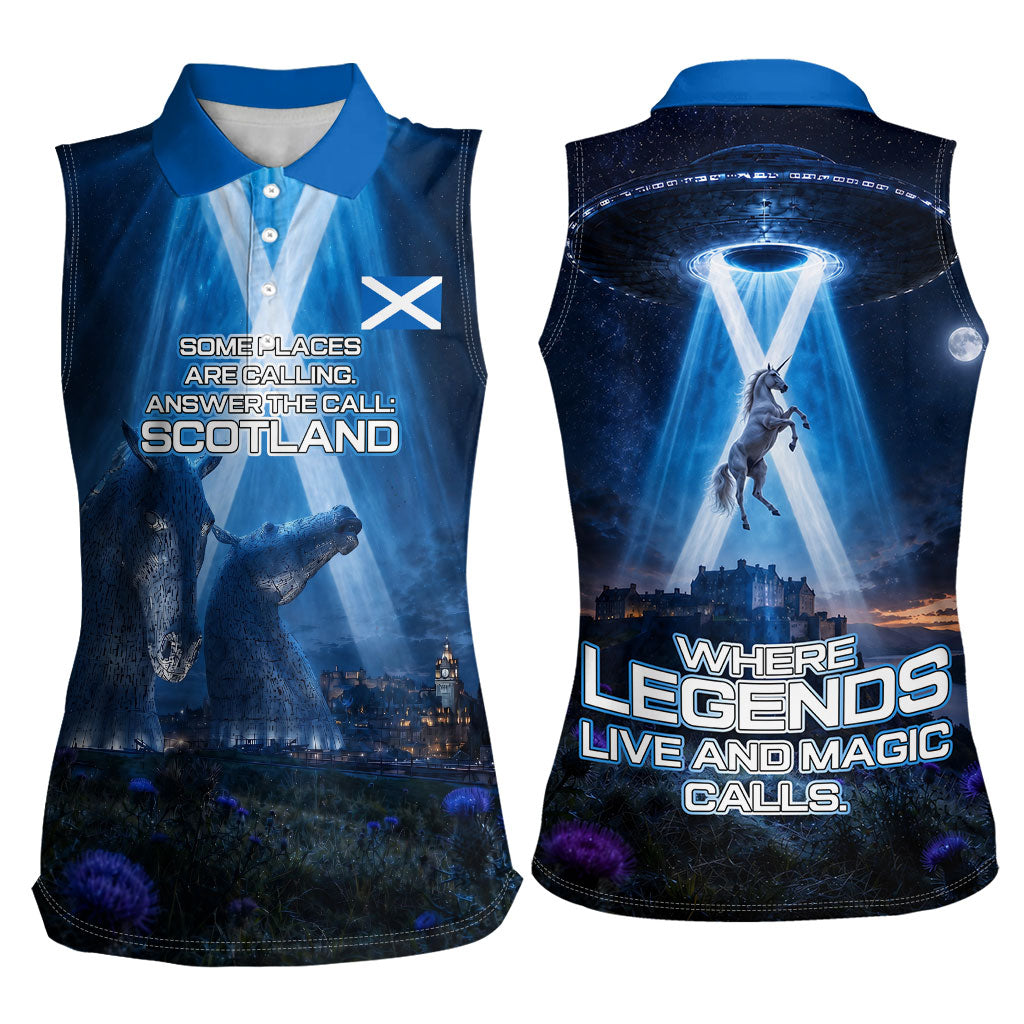Scotland Kelpies And Unicorn UFO Women Sleeveless Polo Shirt Sci-Fi Alien Abduction And Magic Legends