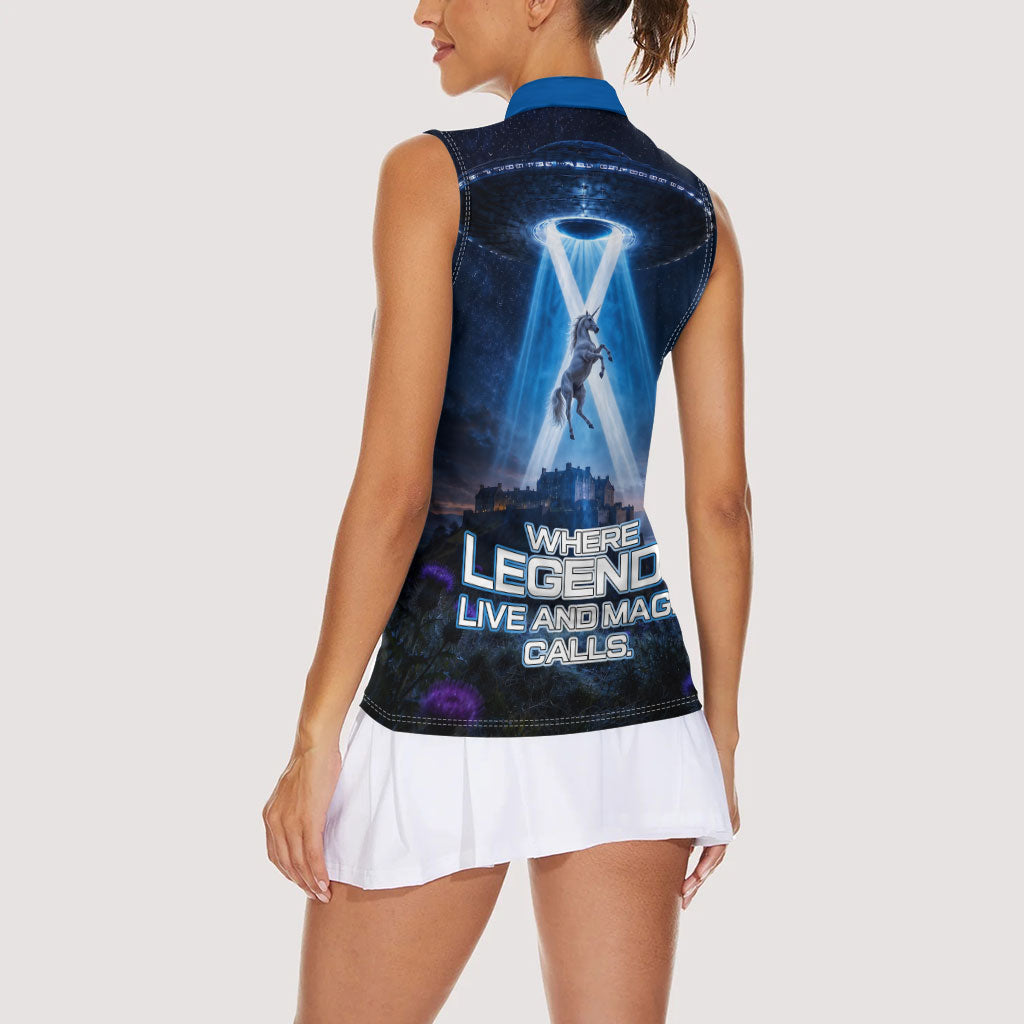 Scotland Kelpies And Unicorn UFO Women Sleeveless Polo Shirt Sci-Fi Alien Abduction And Magic Legends