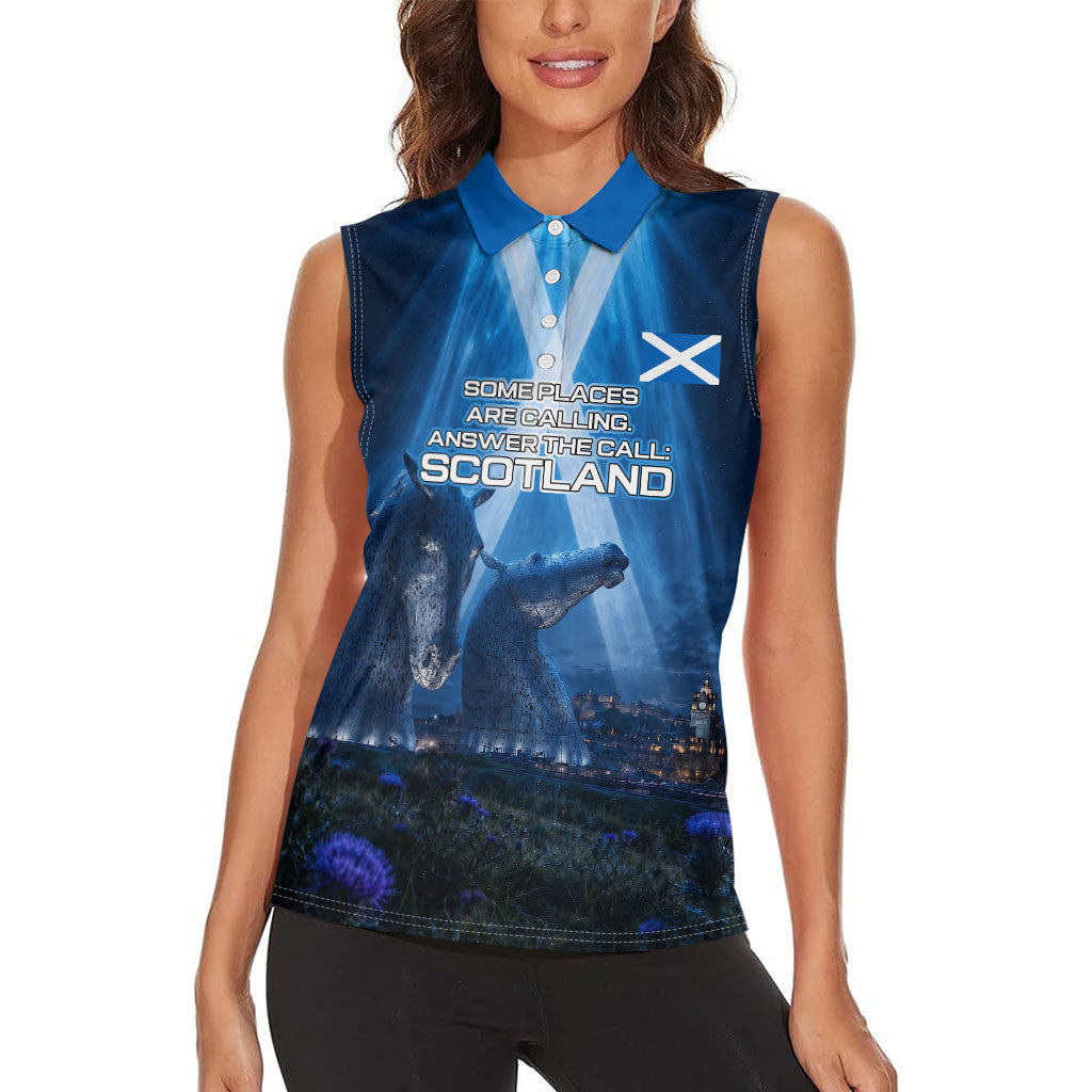 Scotland Kelpies And Unicorn UFO Women Sleeveless Polo Shirt Sci-Fi Alien Abduction And Magic Legends