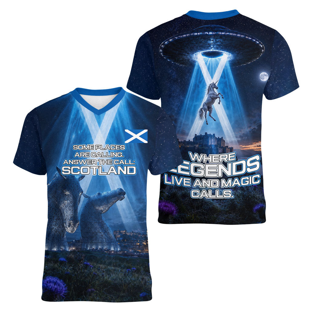 Scotland Kelpies And Unicorn UFO Women V-Neck T-Shirt Sci-Fi Alien Abduction And Magic Legends