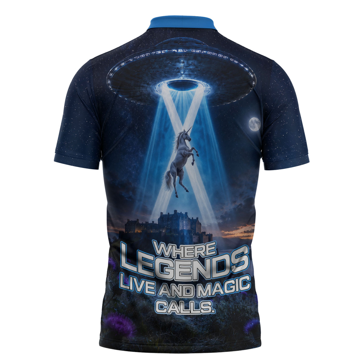 Scotland Kelpies And Unicorn UFO Zipper Polo Shirt Sci-Fi Alien Abduction And Magic Legends