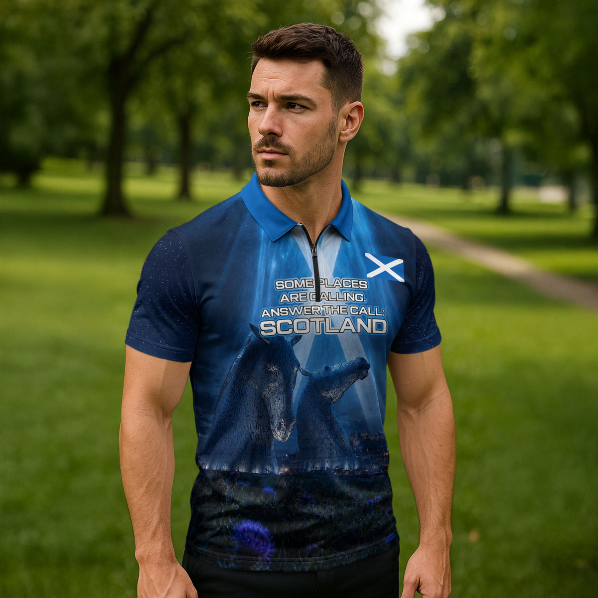 Scotland Kelpies And Unicorn UFO Zipper Polo Shirt Sci-Fi Alien Abduction And Magic Legends