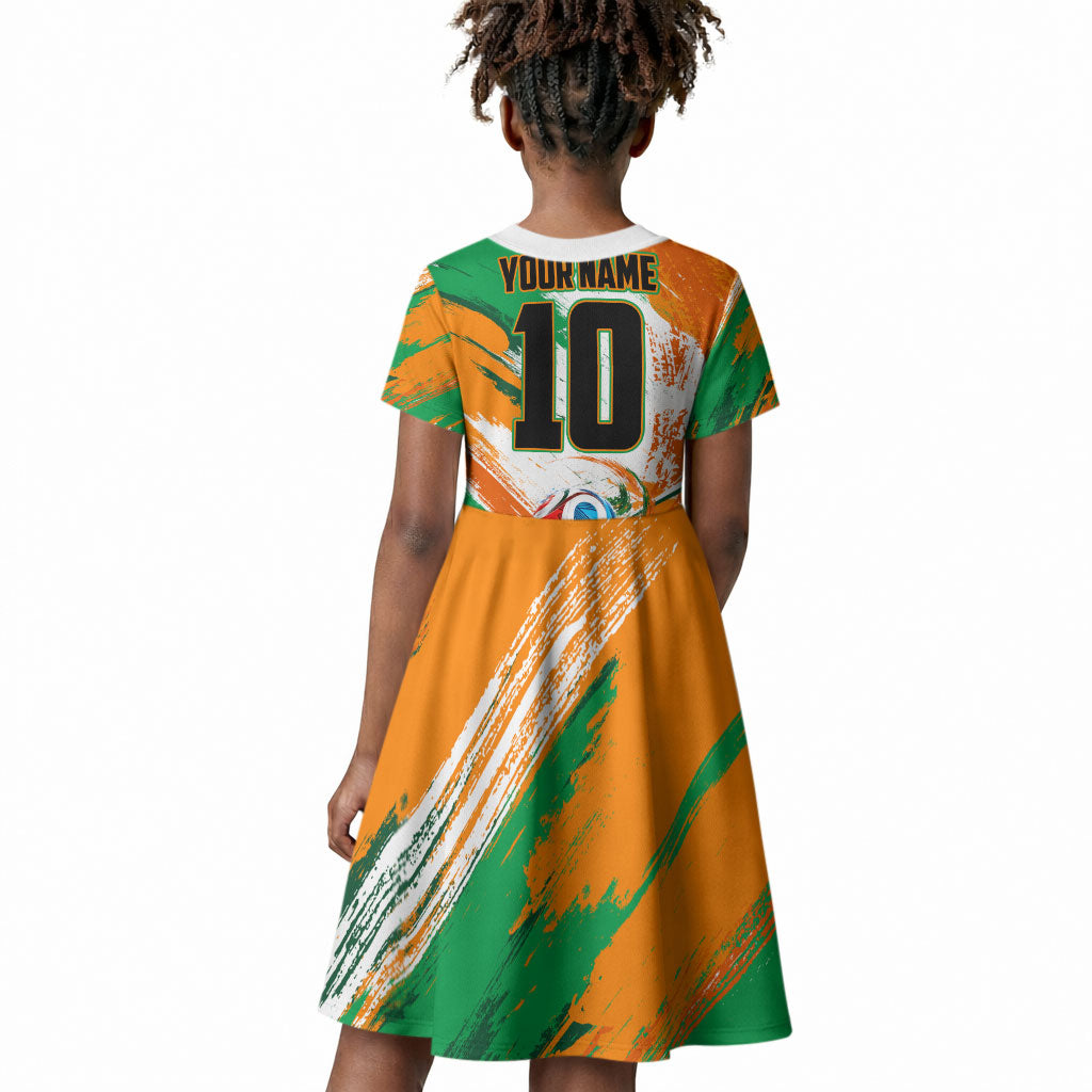 Personalized Ivory Coast Football Kid Short Sleeve Dress Elephant Football Splatter Art