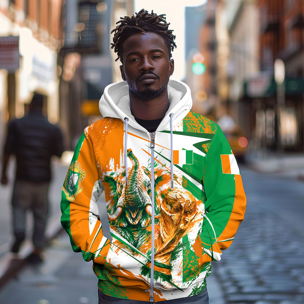 Personalized Ivory Coast Football Zip Hoodie African Elephant Trophy