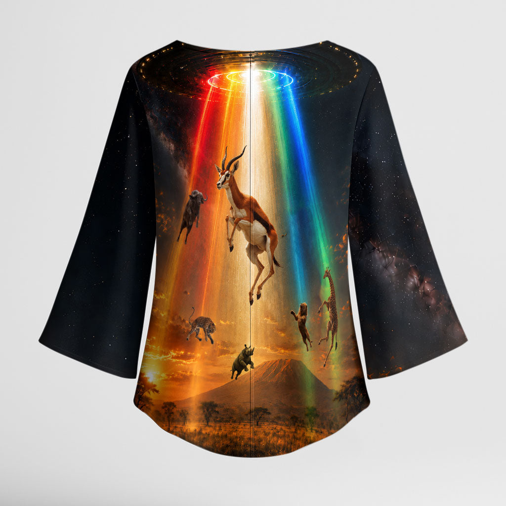 South Africa Safari UFO Kimono Sleeve Blouse African Wildlife Sci-Fi Galaxy Space And Mandela