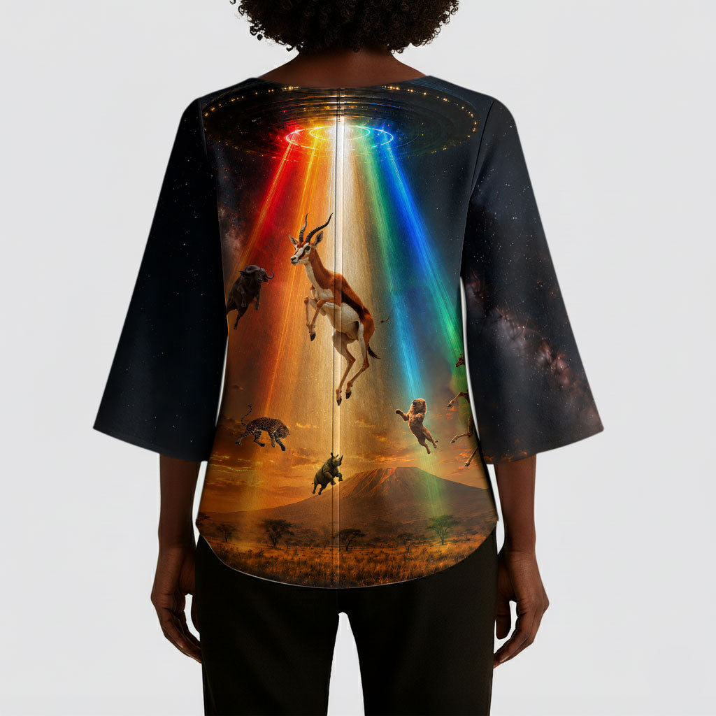 South Africa Safari UFO Kimono Sleeve Blouse African Wildlife Sci-Fi Galaxy Space And Mandela