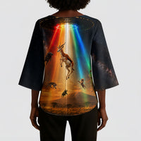 South Africa Safari UFO Kimono Sleeve Blouse African Wildlife Sci-Fi Galaxy Space And Mandela