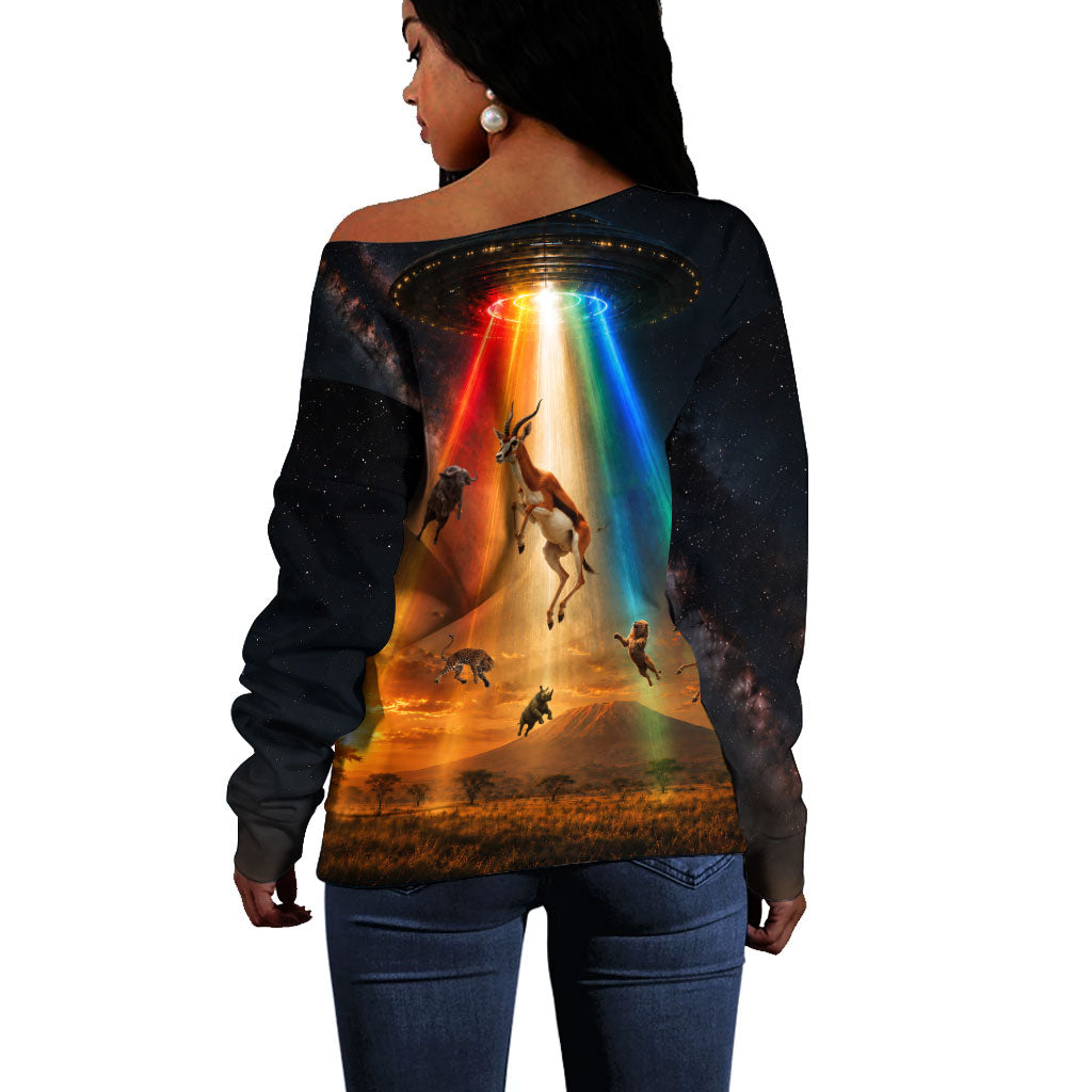 South Africa Safari UFO Off Shoulder Sweater African Wildlife Sci-Fi Galaxy Space And Mandela