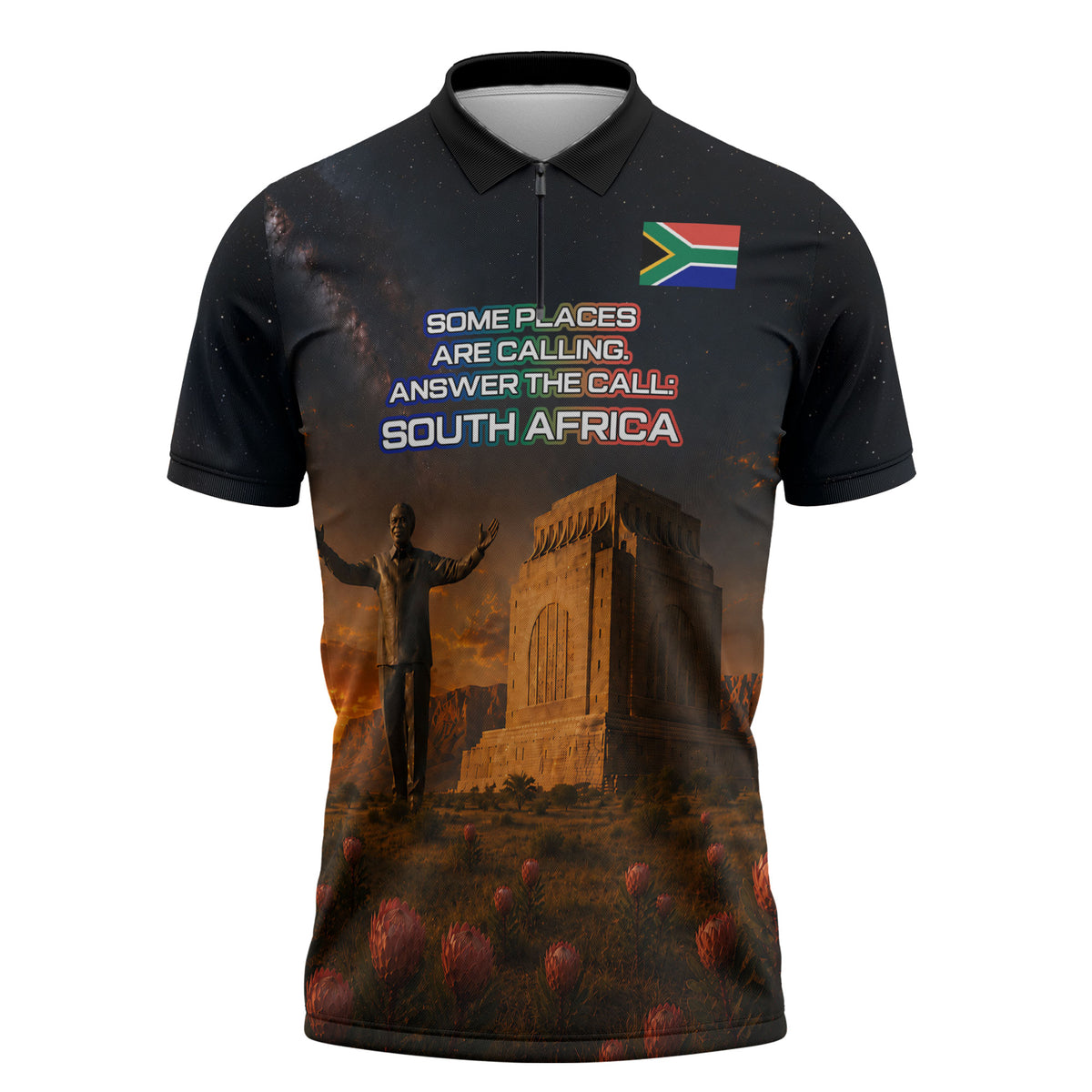 South Africa Safari UFO Zipper Polo Shirt African Wildlife Sci-Fi Galaxy Space And Mandela