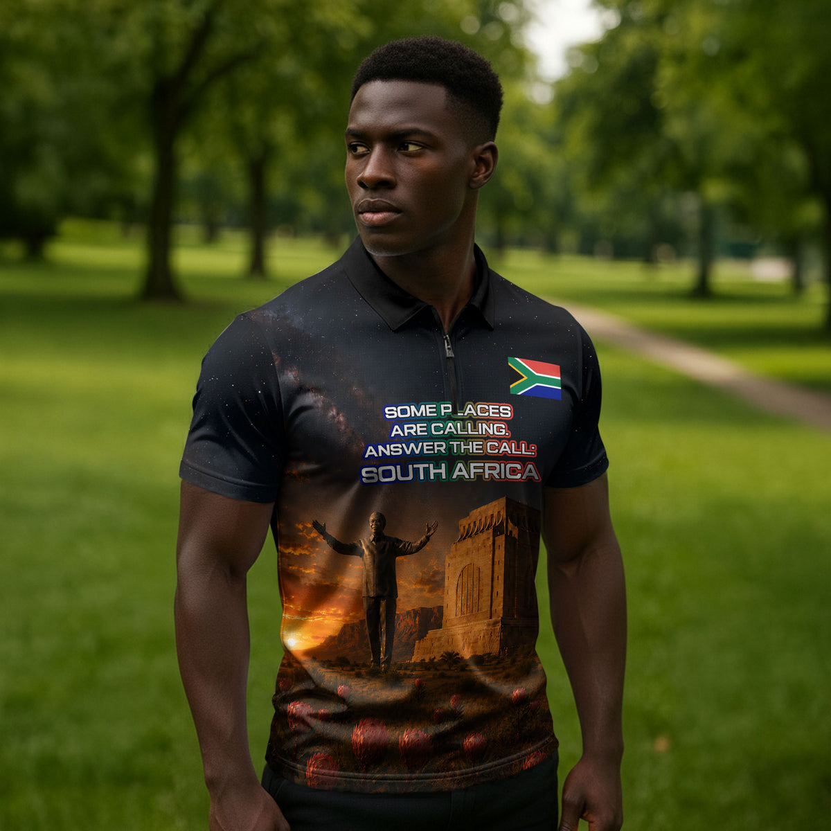 South Africa Safari UFO Zipper Polo Shirt African Wildlife Sci-Fi Galaxy Space And Mandela