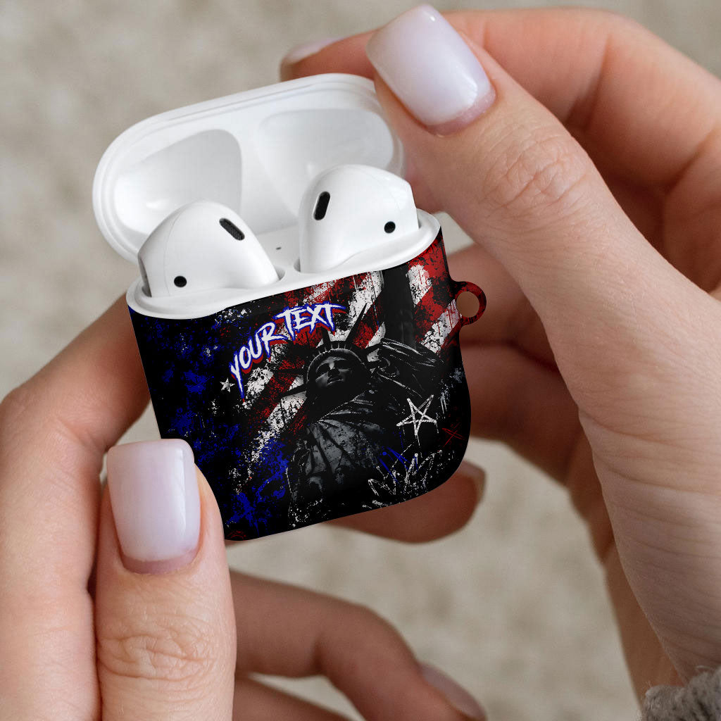 Personalized America New York Statue Of Liberty AirPods Case Dark Grunge American Flag Graffiti Street Art