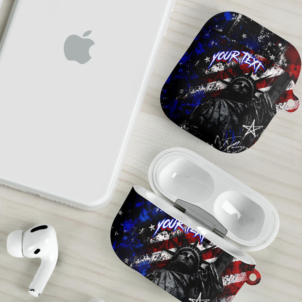 Personalized America New York Statue Of Liberty AirPods Case Dark Grunge American Flag Graffiti Street Art