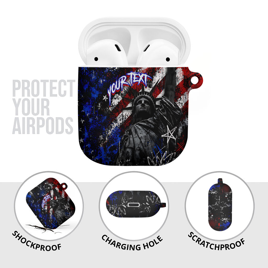Personalized America New York Statue Of Liberty AirPods Case Dark Grunge American Flag Graffiti Street Art