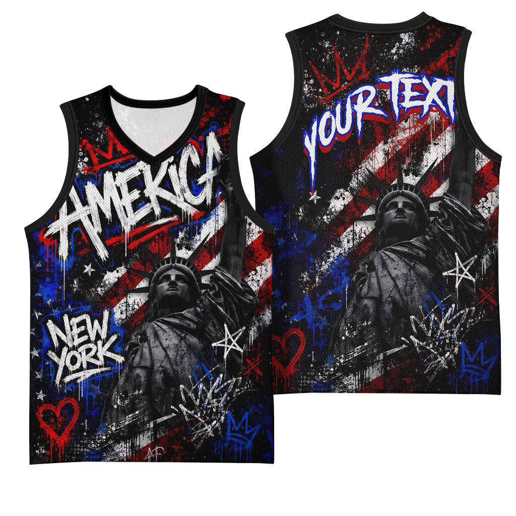 Personalized America New York Statue Of Liberty Basketball Jersey Dark Grunge American Flag Graffiti Street Art
