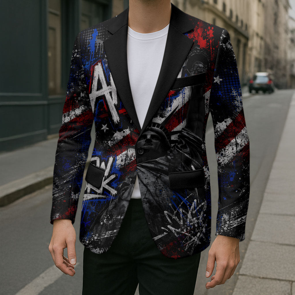Personalized America New York Statue Of Liberty Blazer Dark Grunge American Flag Graffiti Street Art