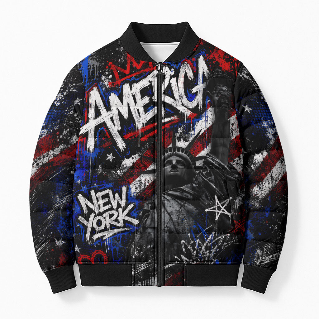 Personalized America New York Statue Of Liberty Bomber Puffer Jacket Dark Grunge American Flag Graffiti Street Art