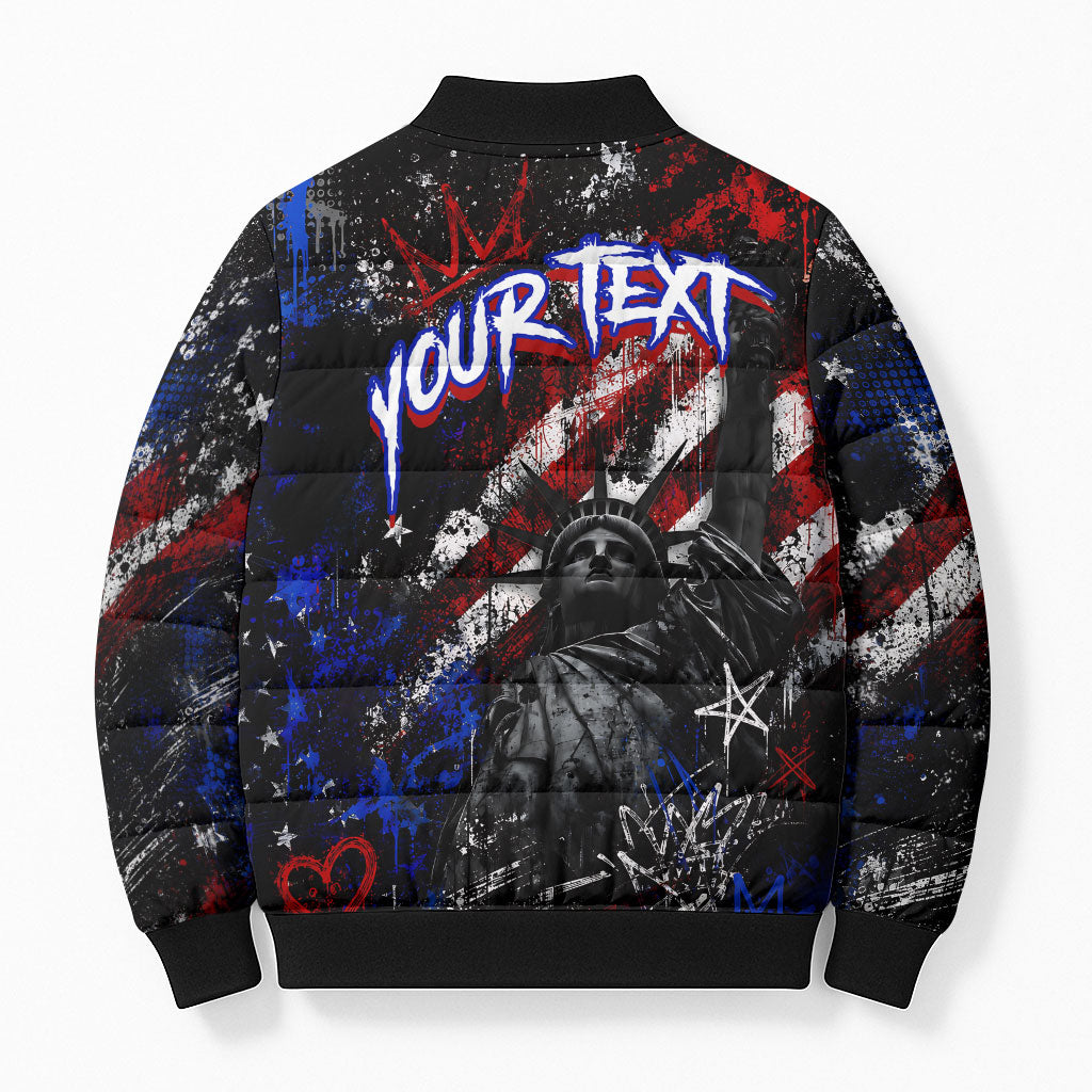 Personalized America New York Statue Of Liberty Bomber Puffer Jacket Dark Grunge American Flag Graffiti Street Art