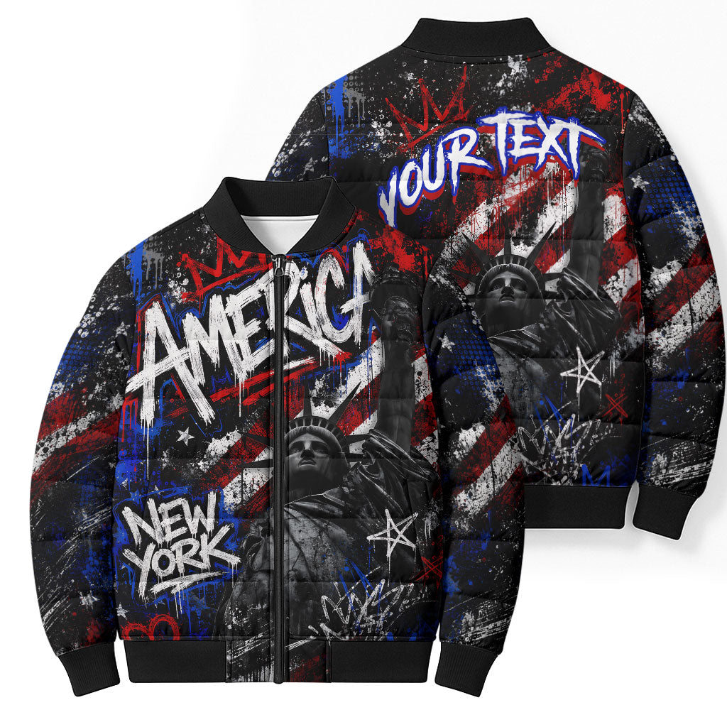 Personalized America New York Statue Of Liberty Bomber Puffer Jacket Dark Grunge American Flag Graffiti Street Art