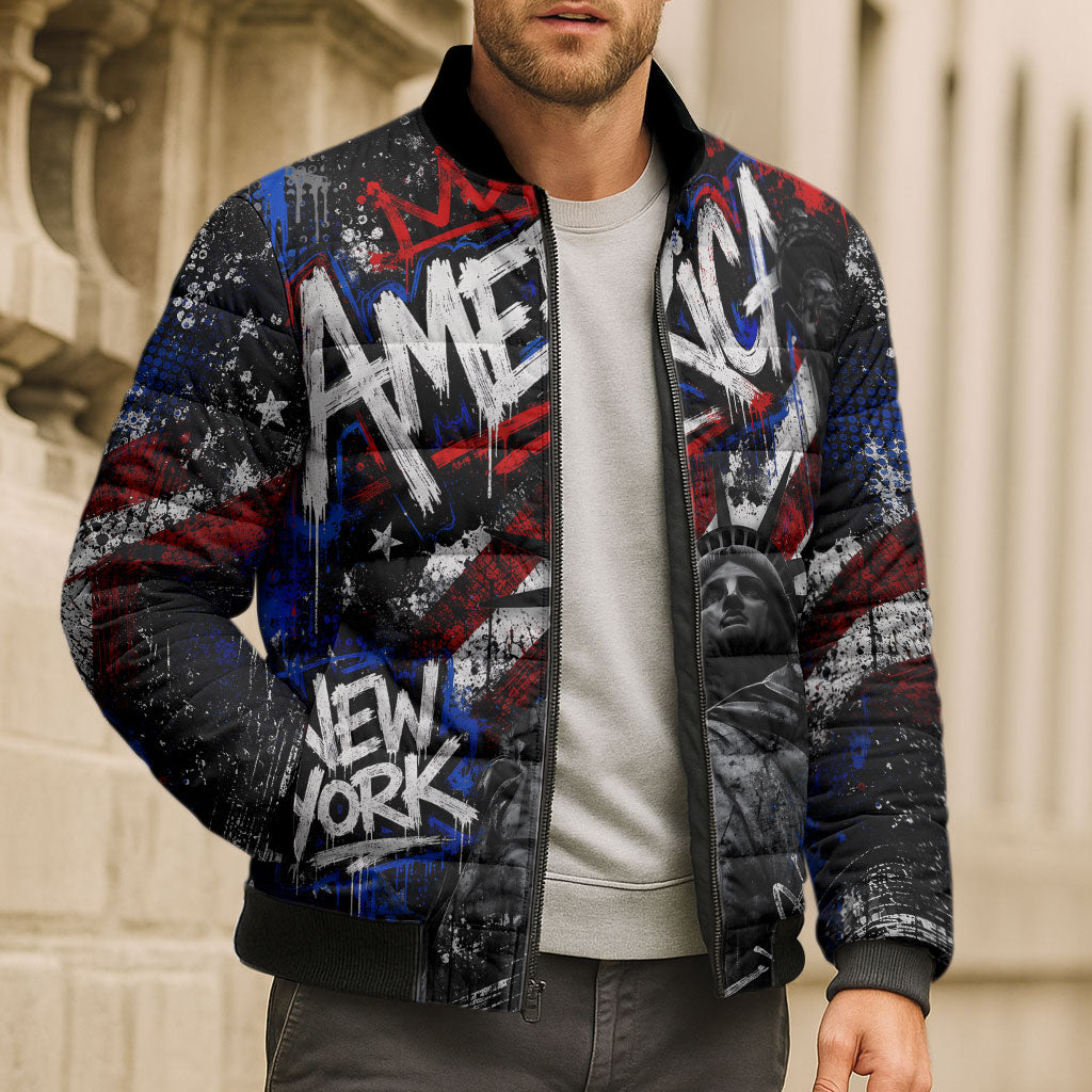Personalized America New York Statue Of Liberty Bomber Puffer Jacket Dark Grunge American Flag Graffiti Street Art