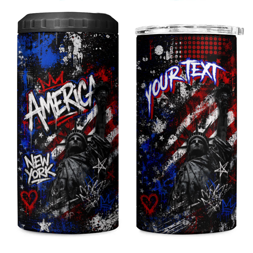 Personalized America New York Statue Of Liberty 4 in 1 Can Cooler Tumbler Dark Grunge American Flag Graffiti Street Art