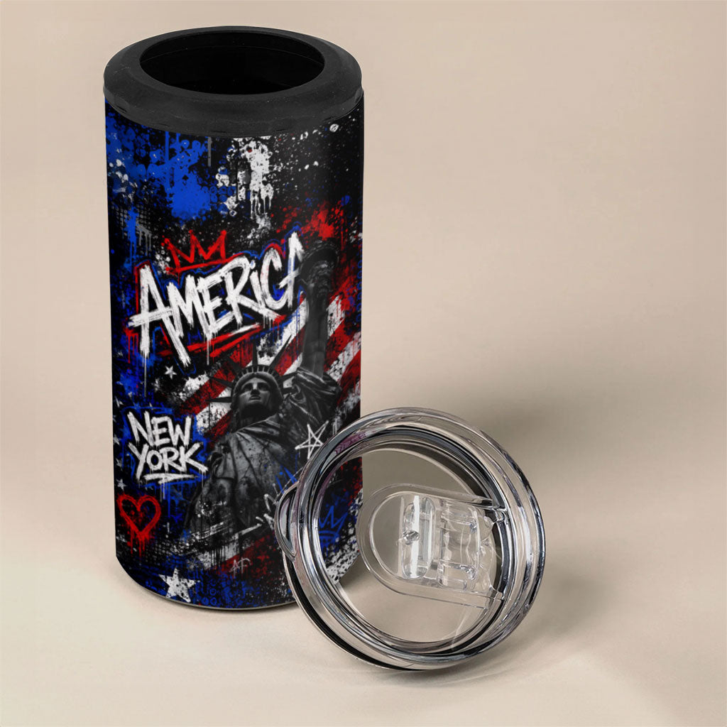 Personalized America New York Statue Of Liberty 4 in 1 Can Cooler Tumbler Dark Grunge American Flag Graffiti Street Art