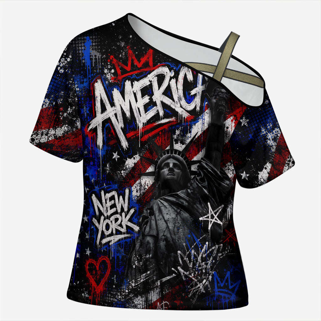 Personalized America New York Statue Of Liberty Cross Shoulder Shirt Dark Grunge American Flag Graffiti Street Art