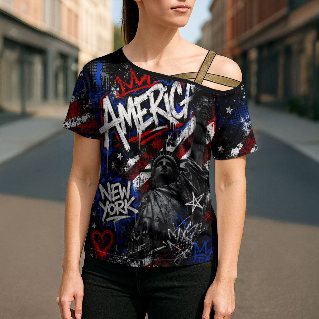 Personalized America New York Statue Of Liberty Cross Shoulder Shirt Dark Grunge American Flag Graffiti Street Art