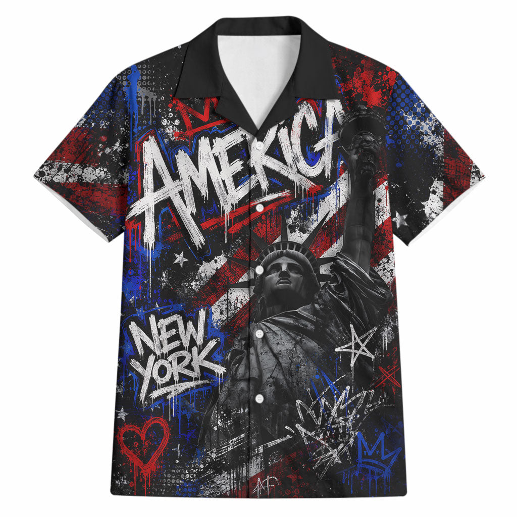 Personalized America New York Statue Of Liberty Hawaiian Shirt Dark Grunge American Flag Graffiti Street Art