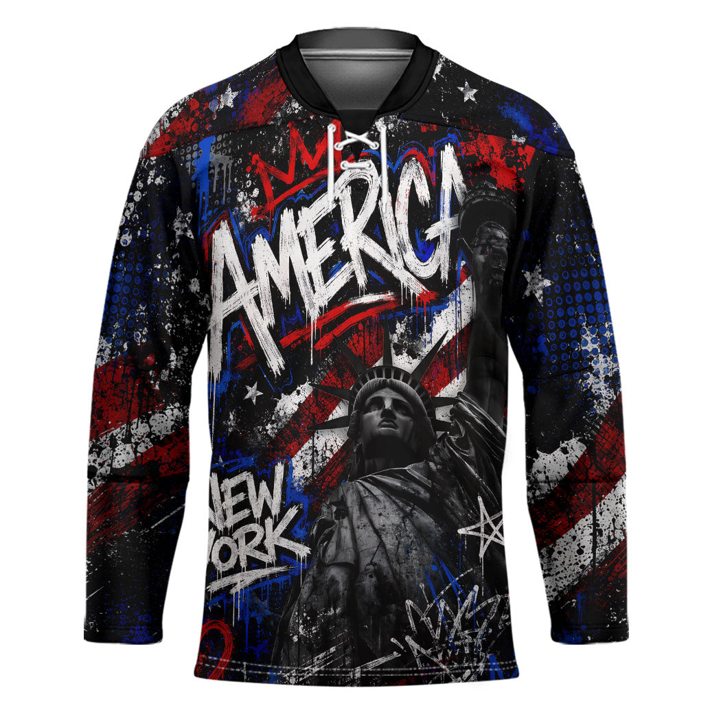 Personalized America New York Statue Of Liberty Hockey Jersey Dark Grunge American Flag Graffiti Street Art