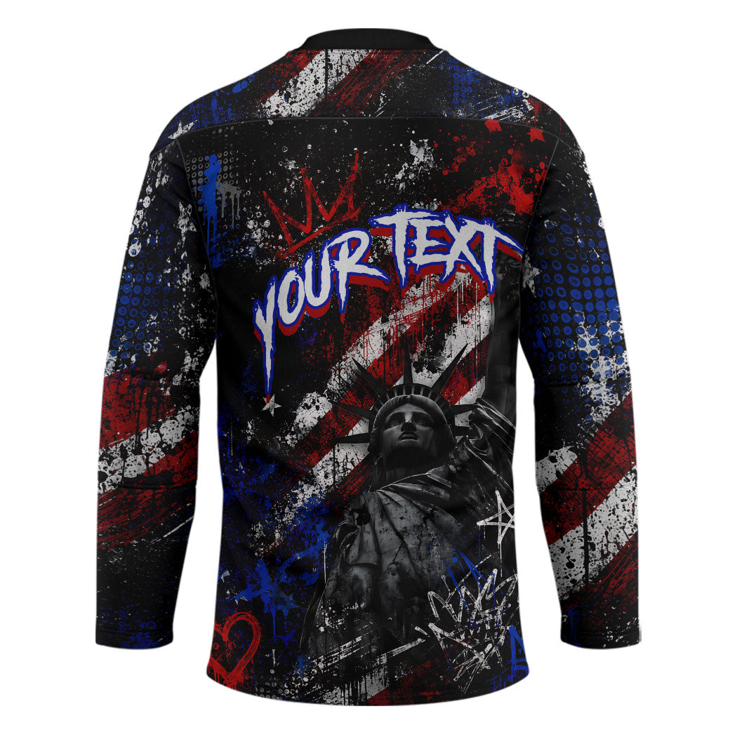 Personalized America New York Statue Of Liberty Hockey Jersey Dark Grunge American Flag Graffiti Street Art