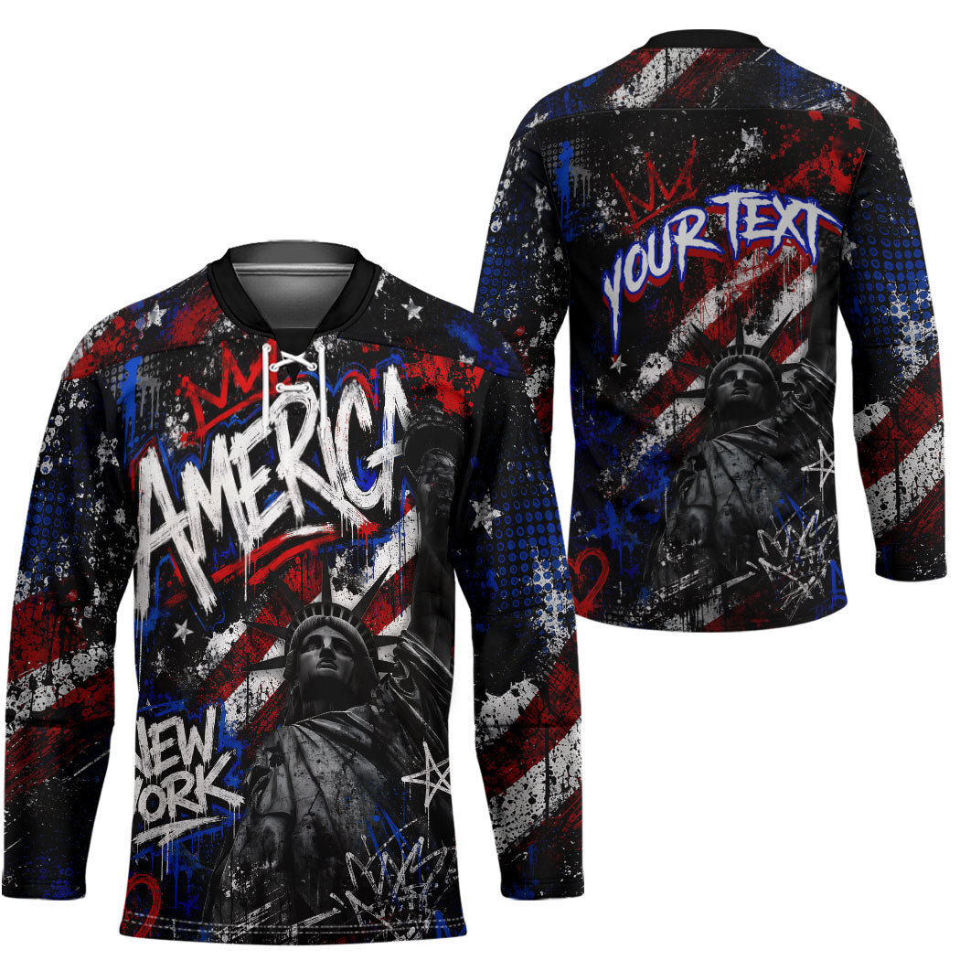 Personalized America New York Statue Of Liberty Hockey Jersey Dark Grunge American Flag Graffiti Street Art