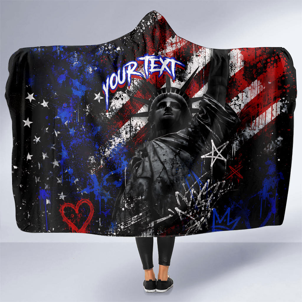 Personalized America New York Statue Of Liberty Hooded Blanket Dark Grunge American Flag Graffiti Street Art